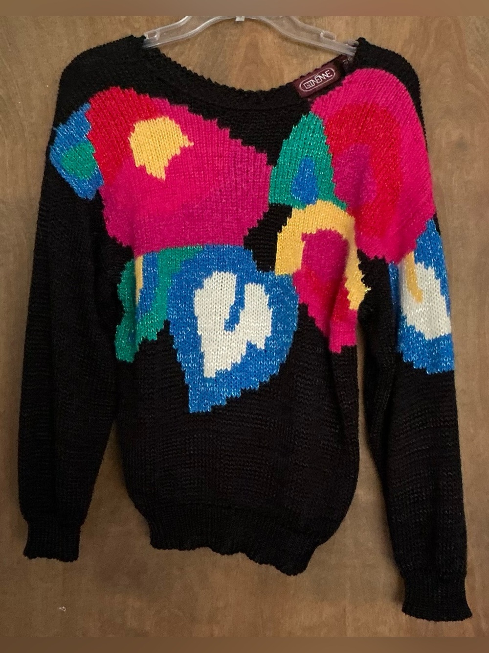 VTG Ginenne Black Abstract Big Floral Intarsia Knit Pullover Sweater Chunky S